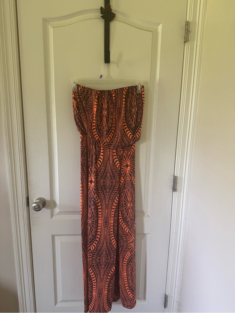 Strapless Patterned Maxi Dress - Orange & Black